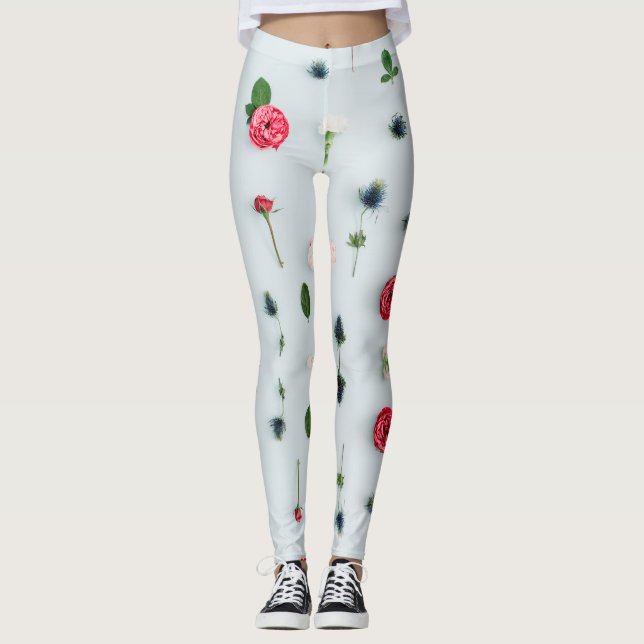 Red & White Roses and Blue Flowers Pattern Leggings (Front)