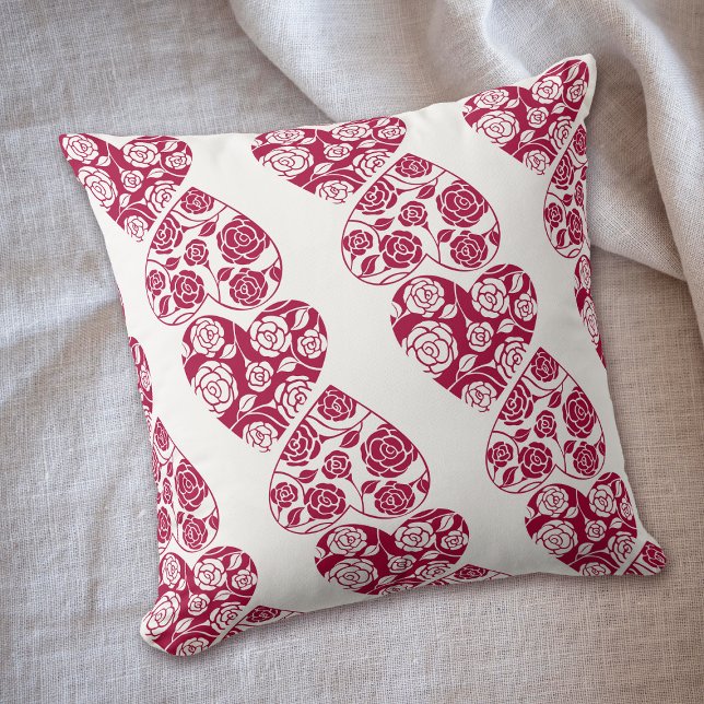 Red White Roses and Hearts Pattern Throw Pillow (Creator Uploaded)