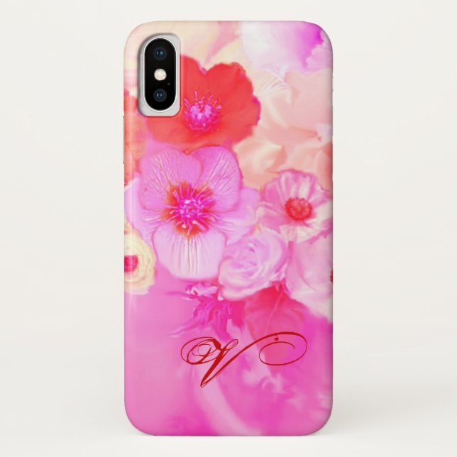 RED WHITE ROSES AND PINK ANEMONE FLOWERS MONOGRAM Case-Mate iPhone CASE (Back)