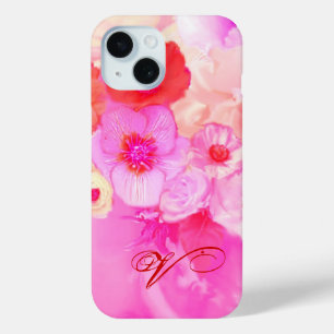 RED WHITE ROSES AND PINK ANEMONE FLOWERS MONOGRAM iPhone 15 CASE