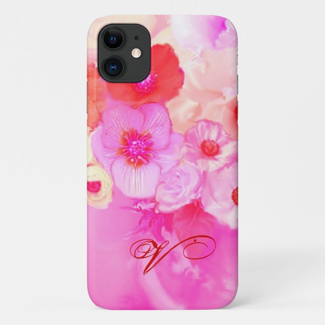 RED WHITE ROSES AND PINK ANEMONE FLOWERS MONOGRAM Case-Mate iPhone CASE (Back)