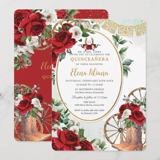 Red White Roses Charro Boots Sweet 16 Quinceañera Invitation (Front/Back)