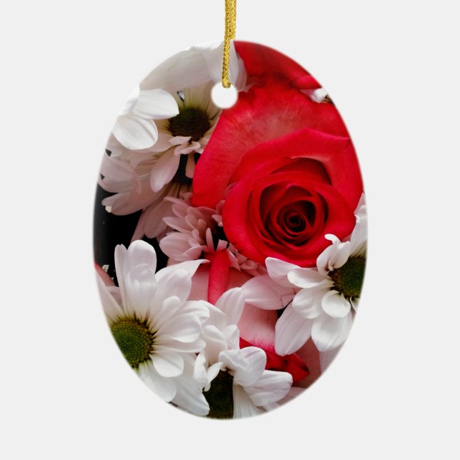Red-White-Roses-Daisies-Bouquet-Oval Ornament (Front)