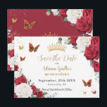 Red White Roses Floral Gold Quinceañera Sweet 16 Save The Date<br><div class="desc">Personalize this beautiful red and white floral Quinceañera / Sweet 16 birthday save the date easily and quickly. Simply click the customize it further button to edit the texts, change fonts and fonts colours. Featuring vibrant red and white roses, butterflies and chic gold elements. Matching items available in store. (c)...</div>