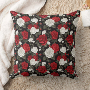 Red White roses flowers pattern Throw Pillow