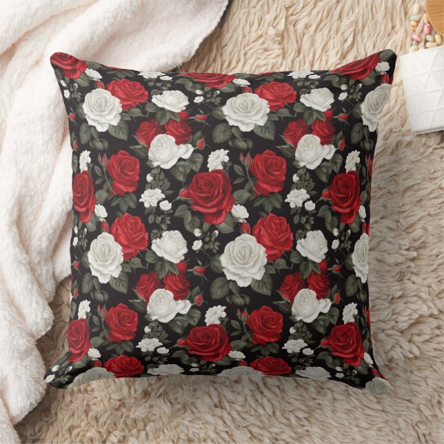 Red White roses flowers pattern Throw Pillow (Blanket)