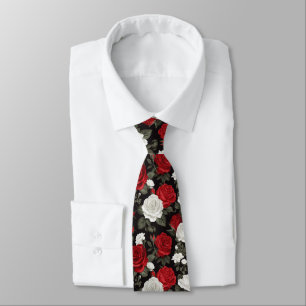 Red White roses flowers pattern Tie