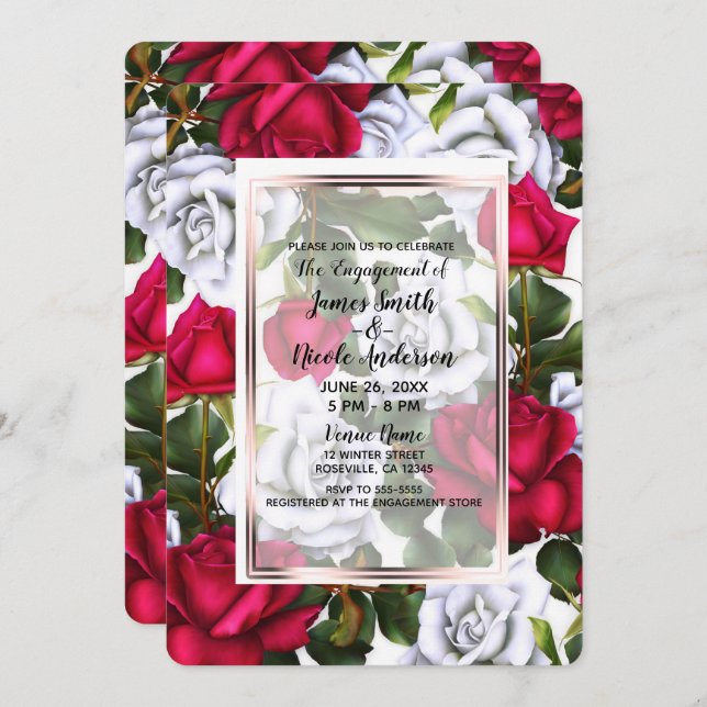 Red & White Roses Shabby Chic Glam Engagement Invitation (Front/Back)
