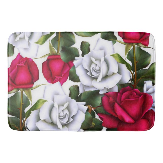 Red & White Roses Shabby Chic Rustic Modern Glam Bath Mat (Front)