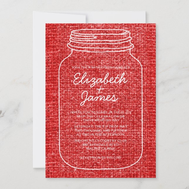 Red & White Rustic Mason Jar Wedding Invitations (Front)