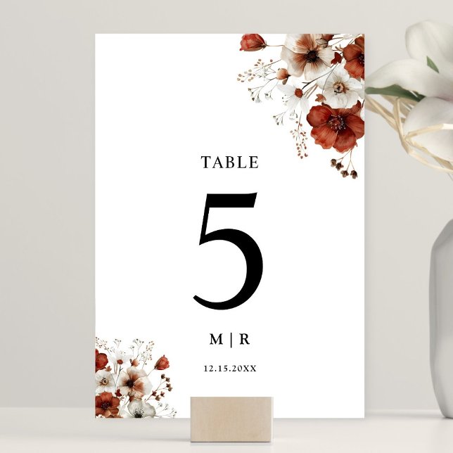 Red & White Rustic Watercolor Floral Wedding Table Number (Creator Uploaded)
