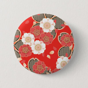 Red & White Sakura Japanese Kimono 2 Inch Round Button