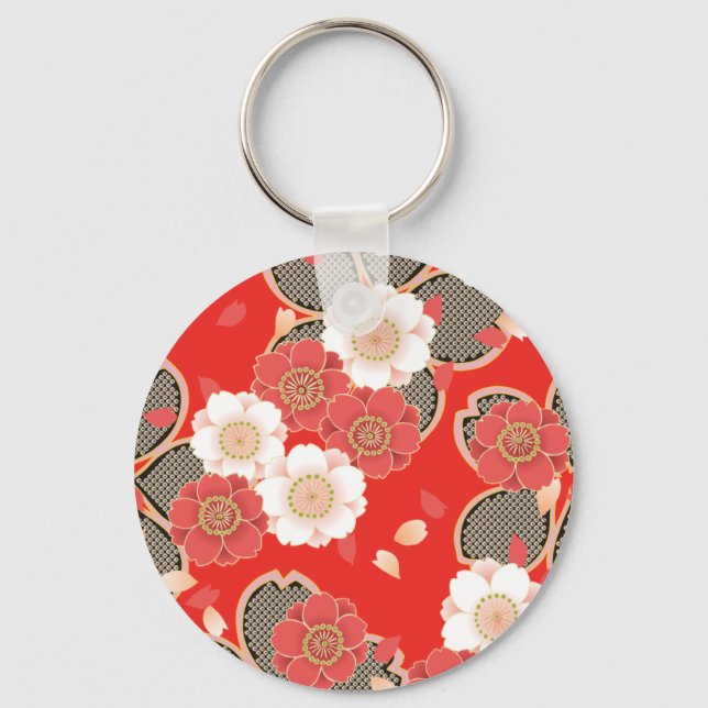 Red & White Sakura Japanese Kimono Keychain (Front)