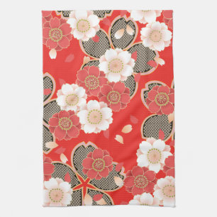 Red & White Sakura Japanese Kimono Kitchen Towel