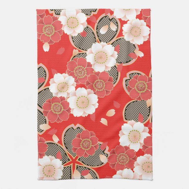 Red & White Sakura Japanese Kimono Kitchen Towel (Vertical)