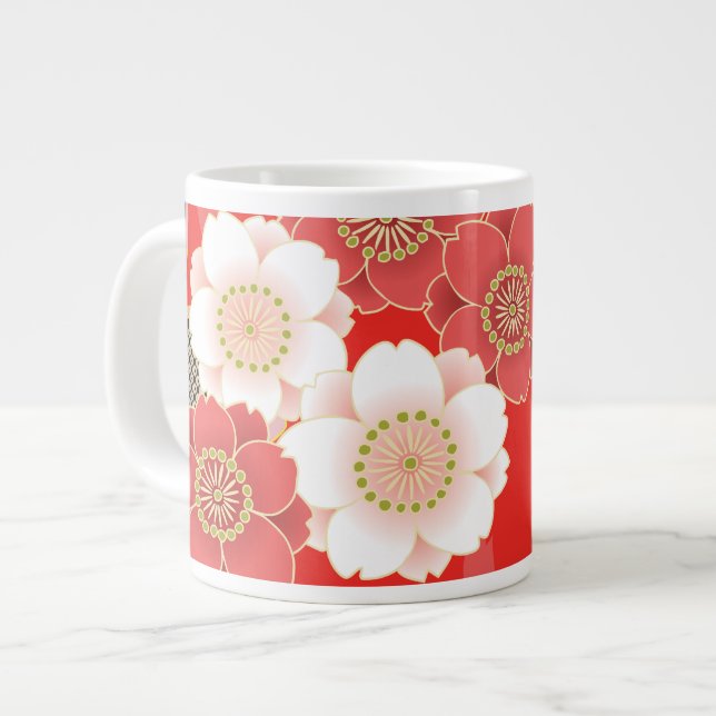 Red & White Sakura Japanese Kimono Large Coffee Mug (Front Left)