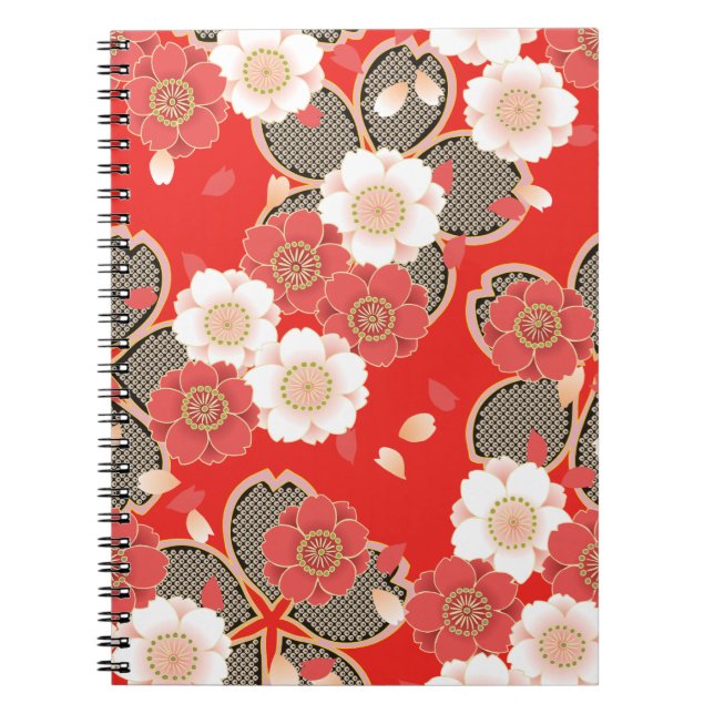Red & White Sakura Japanese Kimono Notebook (Front)