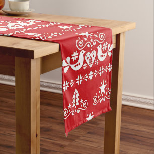 Red & White Scandinavian Christmas Tree Folk Art Medium Table Runner