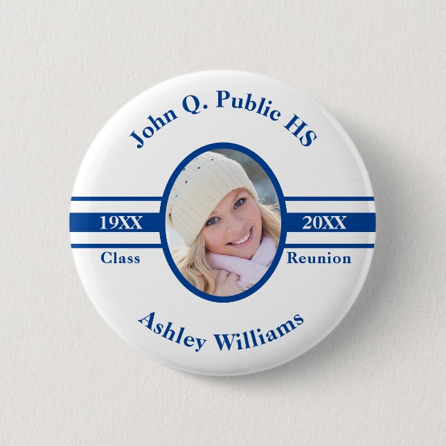 Red | White School Class Reunion Photo Name 2 Inch Round Button (Front)