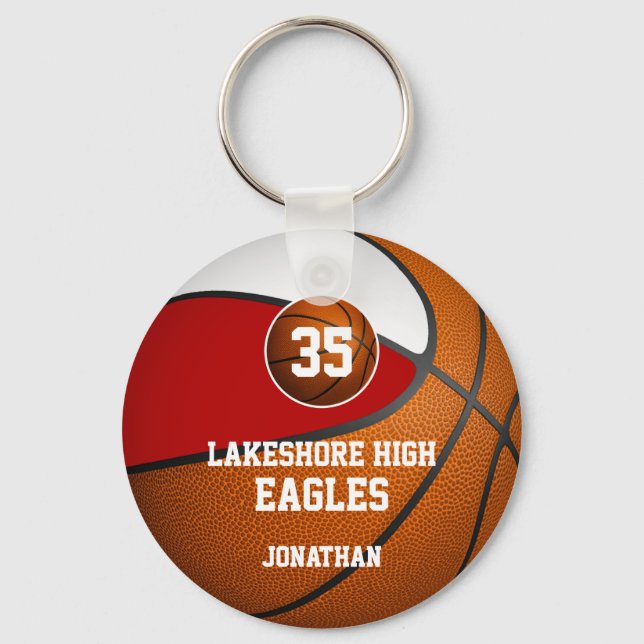 Red white school colours boys' basketball team keychain (Front)