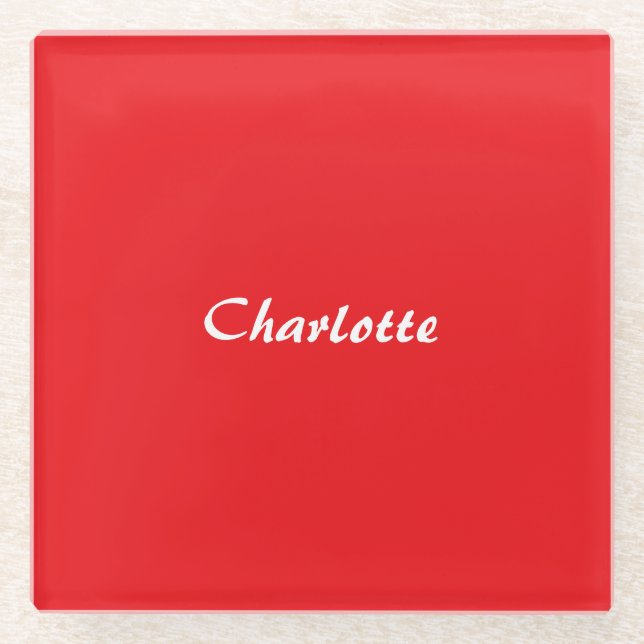 Red White Script Elegant Minimalist Modern Name Glass Coaster (Front)