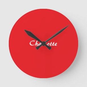 Red White Script Elegant Minimalist Modern Name Round Clock