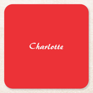Red White Script Elegant Minimalist Modern Name Square Paper Coaster
