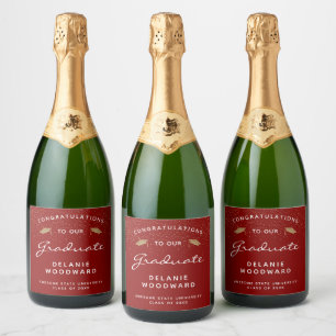 Red White Script Gold Cap Graduation Sparkling Wine Label