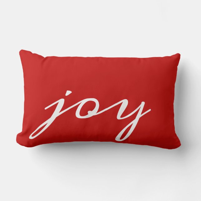 Red White Script Lettering Joy Festive Christmas Lumbar Pillow (Front)