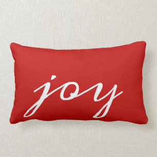 Red White Script Lettering Joy Festive Christmas Lumbar Pillow