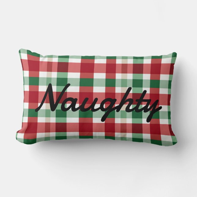 Red White Script Lettering Naughty or Nice Lumbar Pillow (Front)