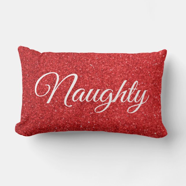 Red White Script Lettering Naughty or Nice Lumbar Pillow (Front)