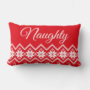 Red White Script Lettering Naughty or Nice Lumbar Pillow