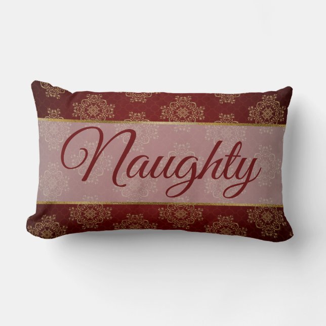 Red White Script Lettering Naughty or Nice Lumbar Pillow (Front)