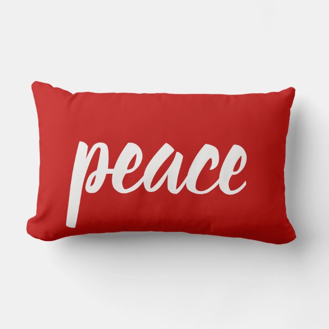 Red White Script Lettering Peace Festive Christmas Lumbar Pillow (Front)