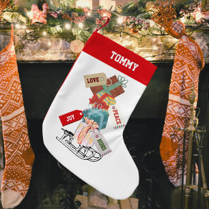 Red White Script Whimsical Rustic Cute Christmas Small Christmas Stocking