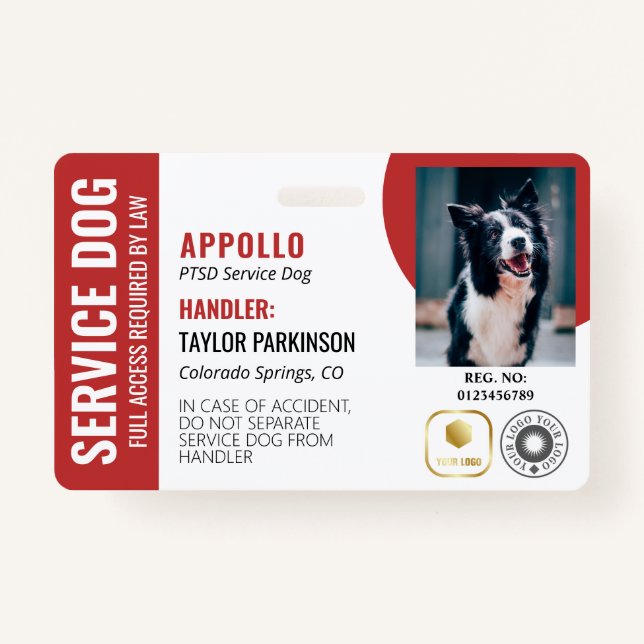 Red White Service Dog 2 Logos & Photo ID Badge (Front)