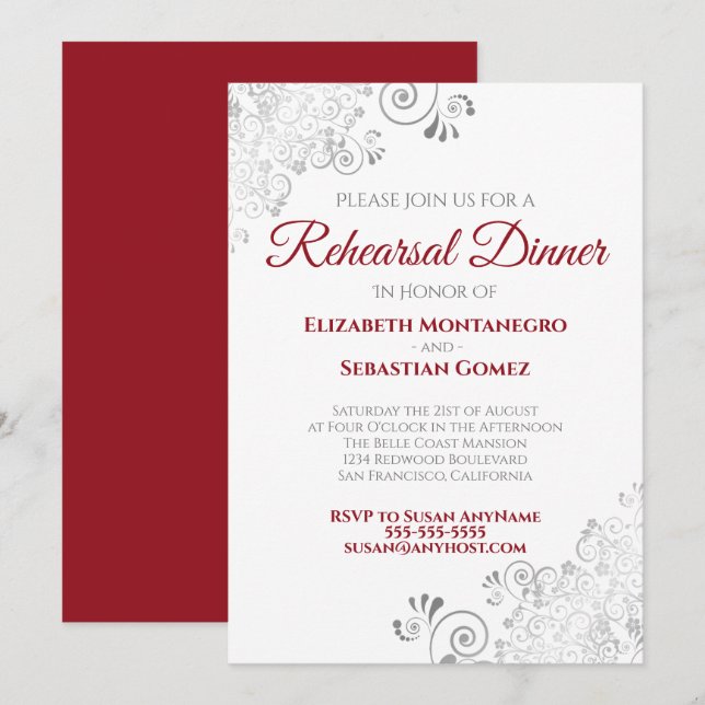Red & White Silver Curls Wedding Rehearsal Dinner Invitation (Front/Back)
