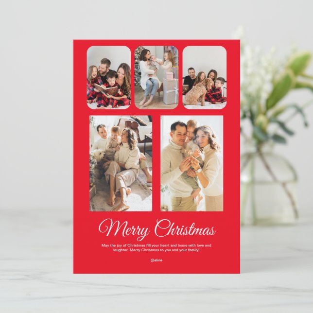 Red White Simple Merry Christmas Photo Collage  Invitation (Standing Front)