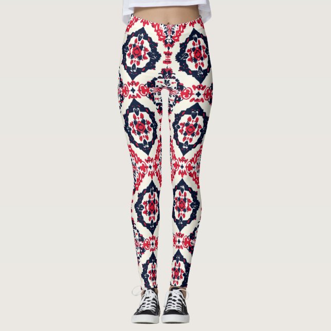 Red White Slavic Pattern Leggings (Front)