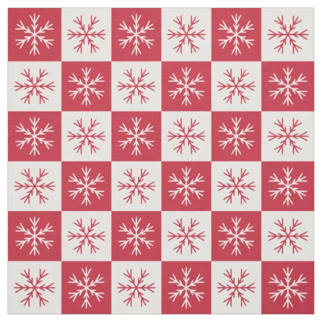 Red White Snowflake Checkered Pattern Fabric (Swatch)