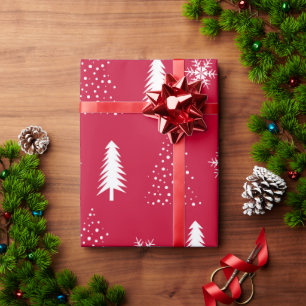 Red White Snowflake Christmas Trees Wrapping Paper