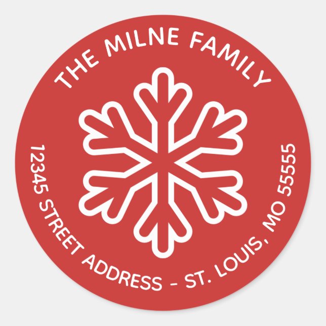 Red & White Snowflake - Circle Return Address Classic Round Sticker (Front)