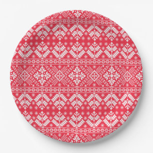 Red & White Snowflake & Floral Fair Isle Christmas Paper Plate