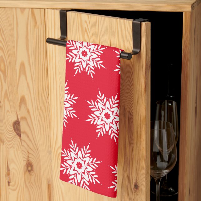 Red White Snowflake Pattern Kitchen Towel (Thirds Fold)