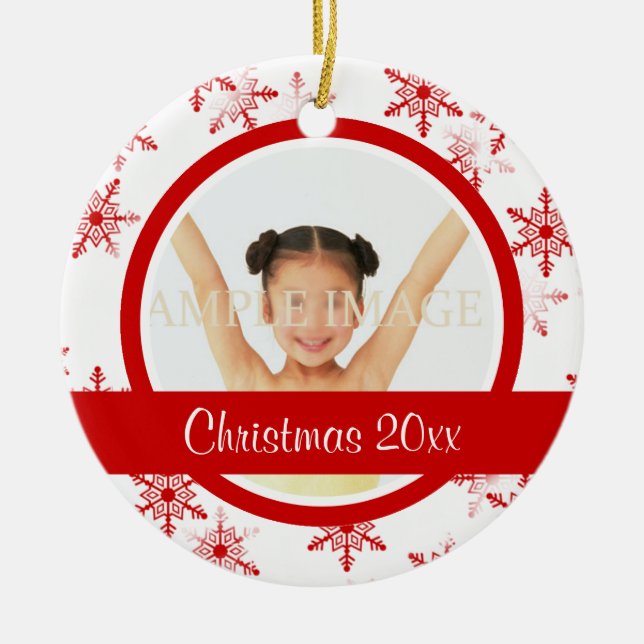 Red white snowflake photo personalize ceramic ornament (Front)