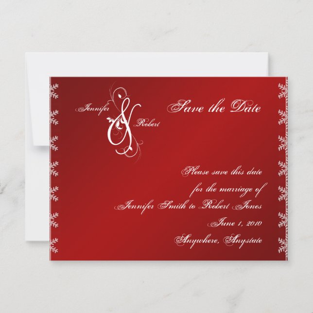 Red White Snowflake Winter Wedding Save the Date (Front)