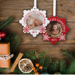 Red White Snowflakes Baby's 1st Christmas Ornament Card<br><div class="desc">Snowflake shaped photo ornament with a round photo of your baby with curved text and pretty snowflakes in red and white.</div>