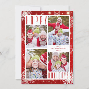 Red White Snowflakes HAPPY HOLIDAYS 4 Photos Holiday Card