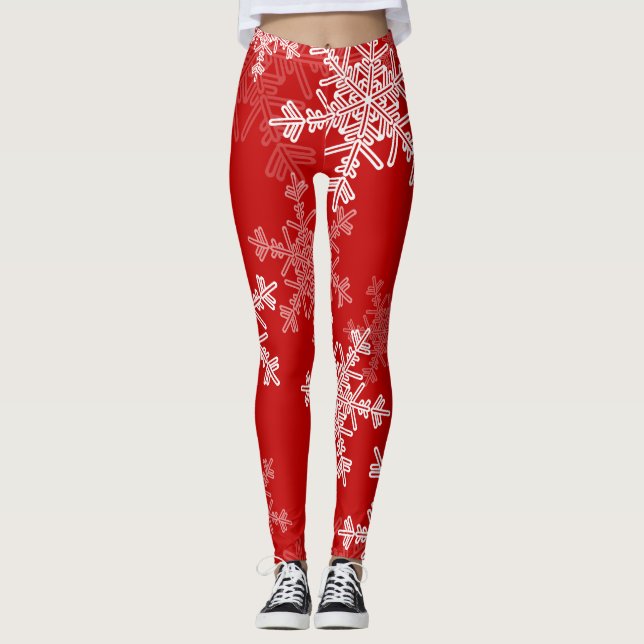 Red White Snowflakes Minimalist Christmas Leggings (Front)